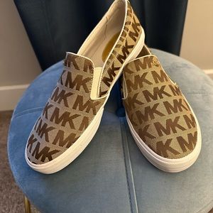 Michael Kors brown and beige slip-on logo sneakers